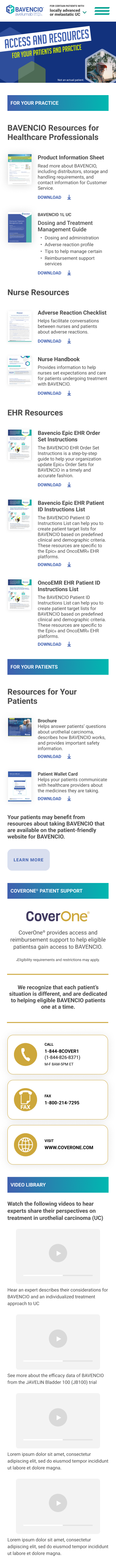 Webpage titled 'Access and Resources for Your Patients and Practice' by Bavencio with sections for healthcare professionals including product information sheet, dosing and treatment guide, nurse resources like adverse reaction checklist and nurse handbook, EHR resources, and patient resources such as brochures and wallet cards. It also features CoverOne payment support with contact info and a video library of expert talks on urothelial carcinoma treatment.