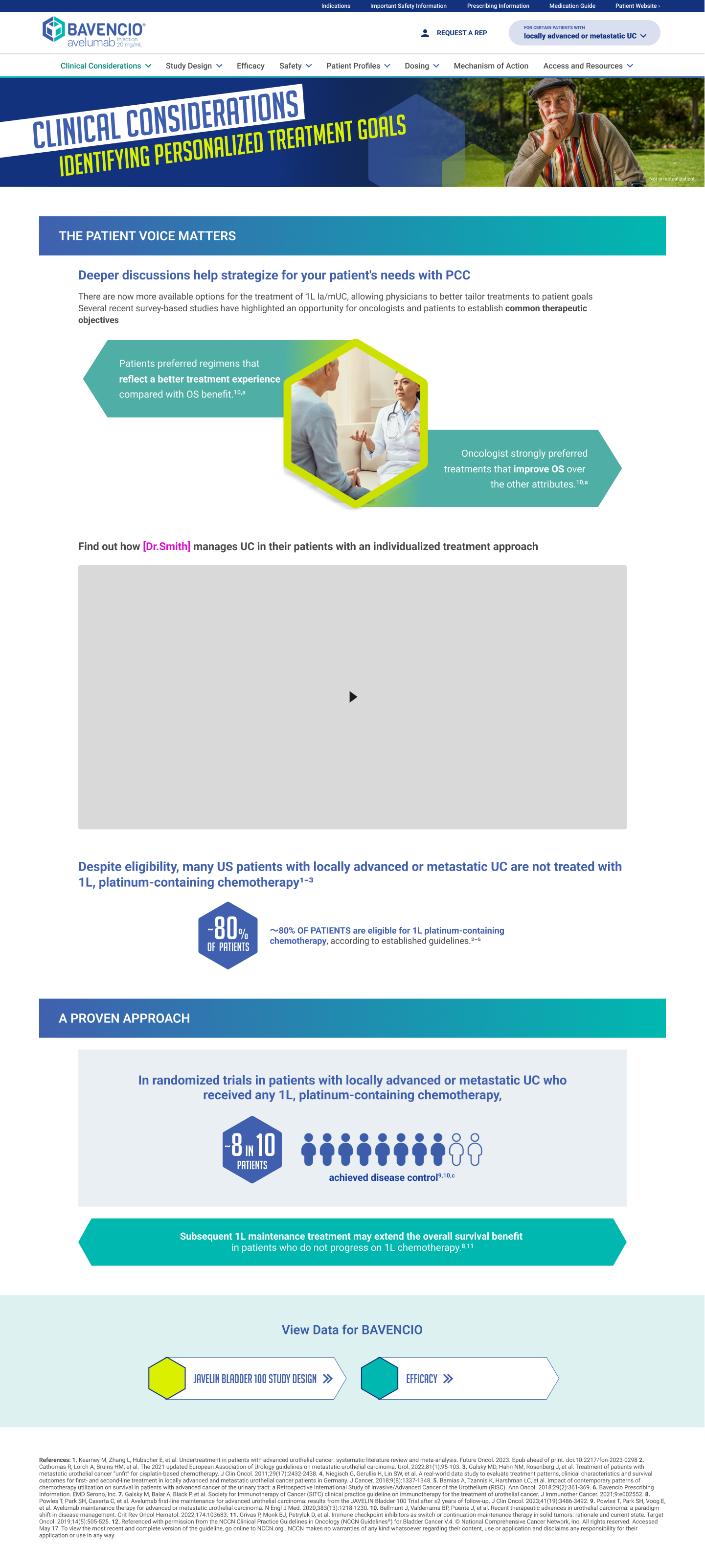 Bavencio clinical considerations page titled 'Identifying Personalized Treatment Goals' featuring deeper discussions to strategize patient needs with PCC for 1L, la/mUC treatment, highlighting patient preference for better treatment experience over overall survival (OS) benefit and oncologist preference to improve OS. Video placeholder about Dr. Smith's individualized treatment approach to UC. Data notes ~80% of patients eligible for 1L platinum-containing chemotherapy, with about 8 in 10 patients achieving disease control in randomized trials. Emphasizes potential survival benefit of subsequent 1L maintenance treatment. Navigation menu at top and logo with related clinical data links at bottom.