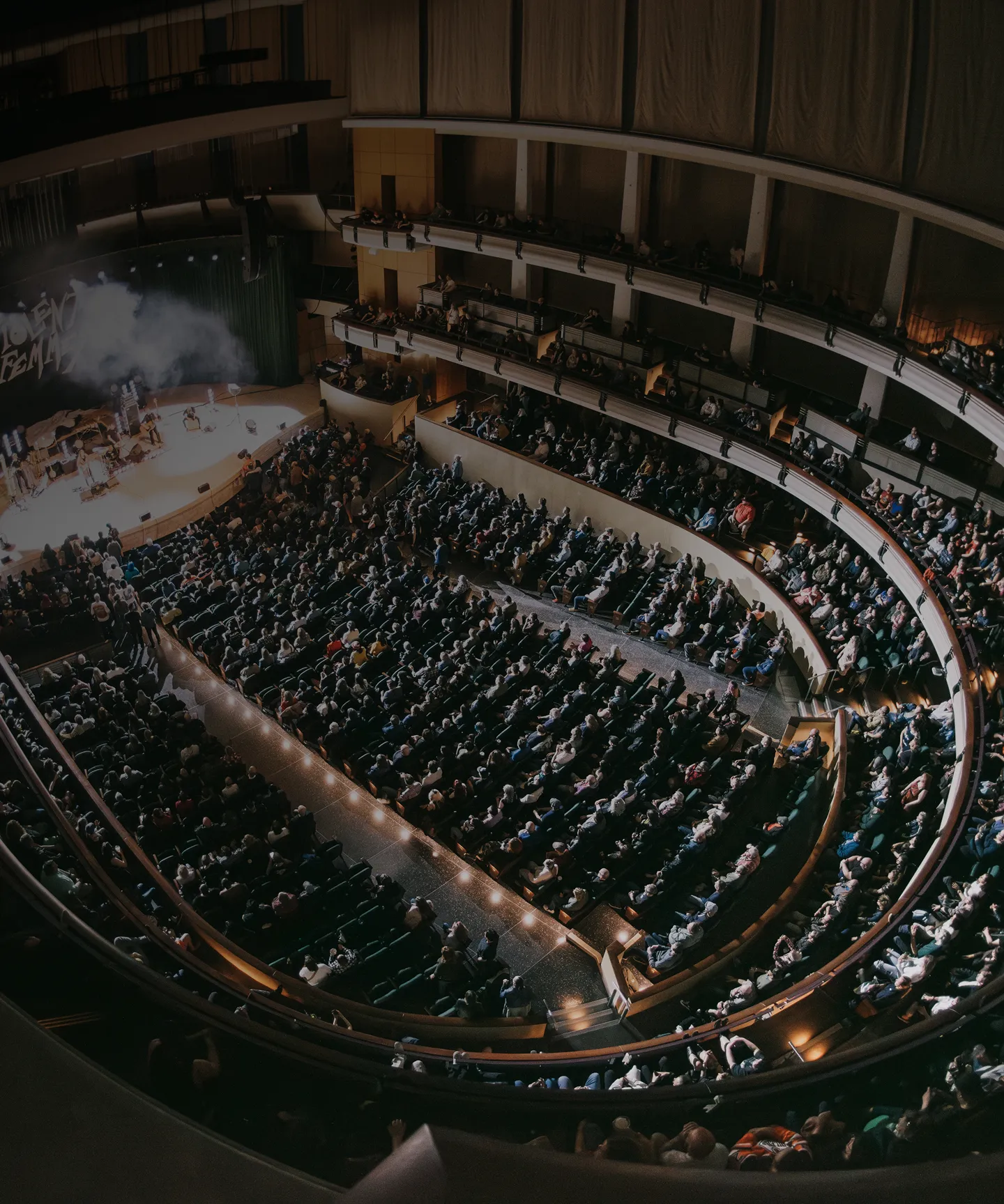 Winspear interior looking at stage from high up in the seats with band of stage