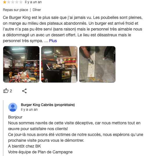 extrait d'un avis de la fiche google my business de burger king