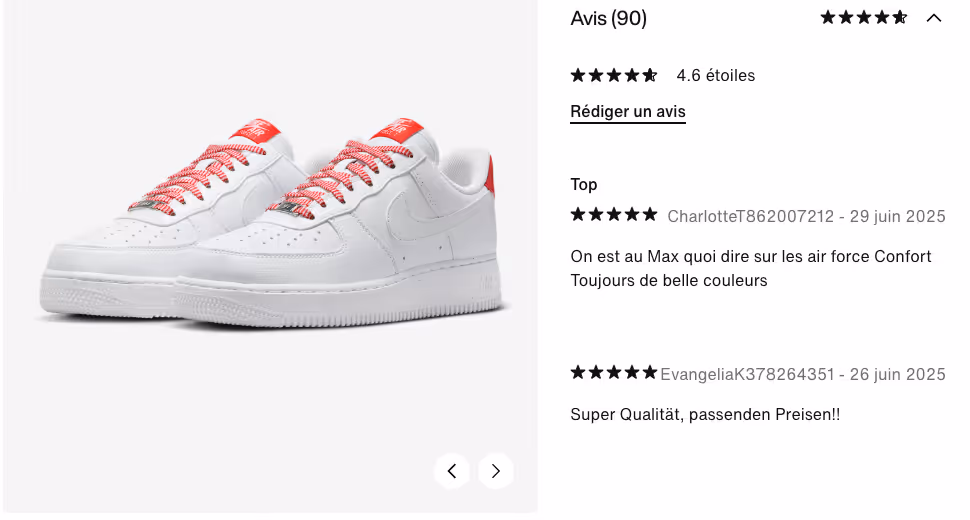 extrait de la fiche produit du site de nike - agence web moumz