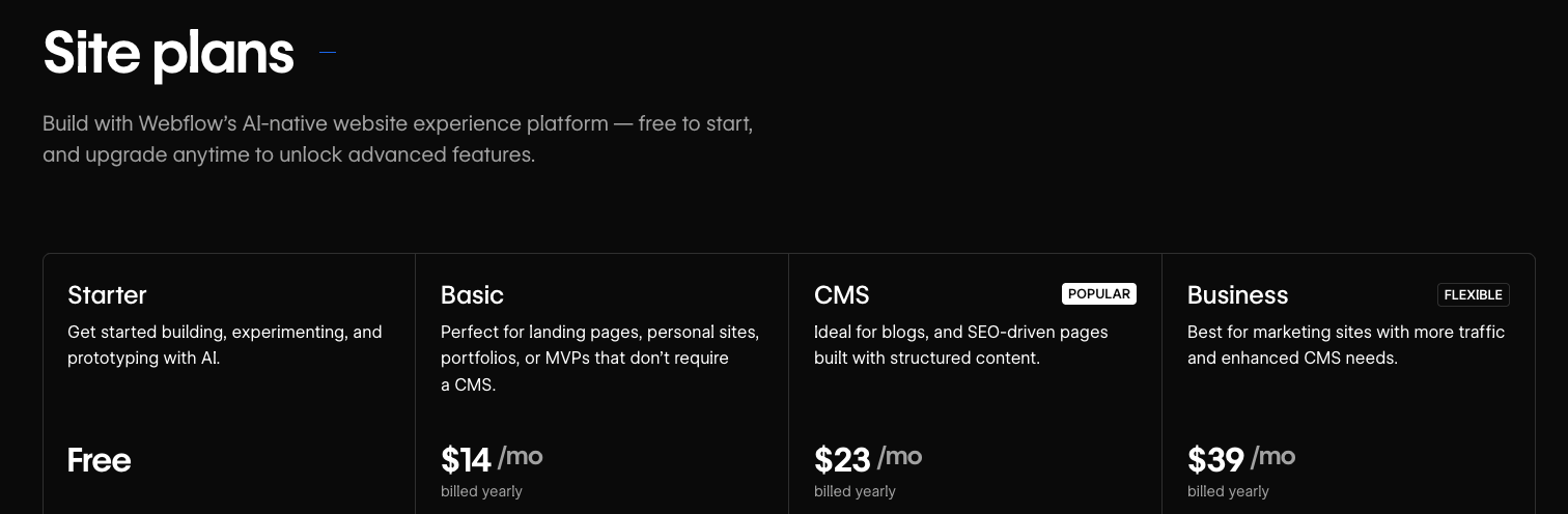 Tarifs site webflow / tarifs abonnement Webflow