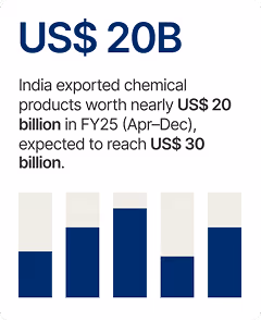 Stylized bar graph illustration showing varying levels, representing that 47% of India’s chemical market is covered by specialty chemicals.
