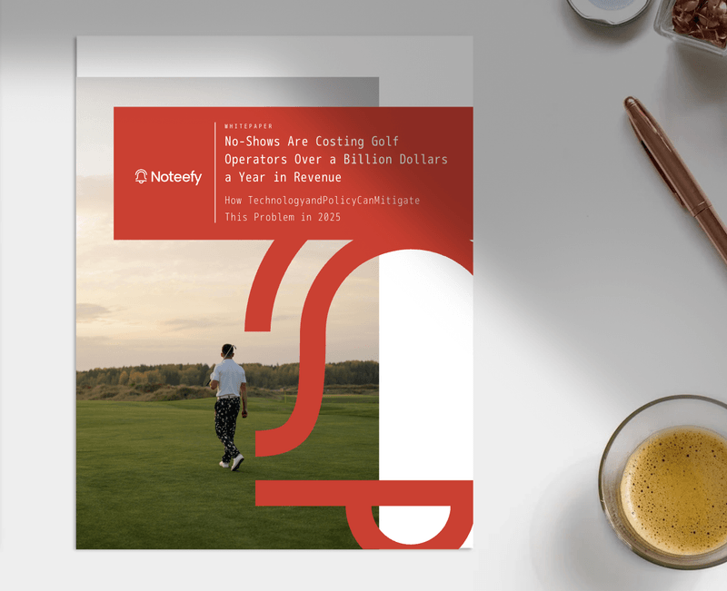 Noteefy and Metolius Golf no-show whitepaper cover, showing 2025 industry data on lost tee time revenue