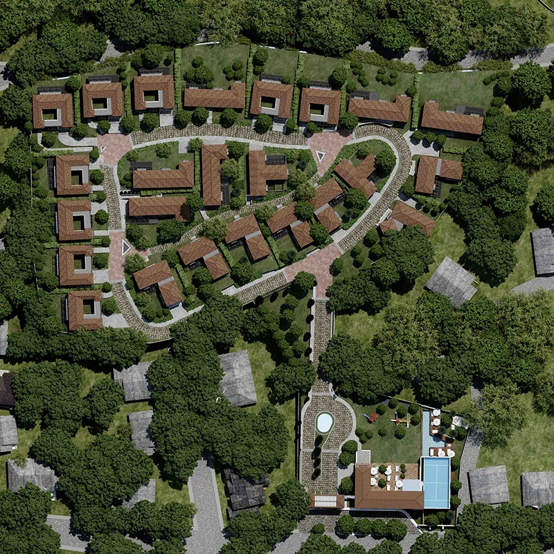 Vista aérea del master plan de 20,000 m2 con 24 casas junto a reserva natural en Somma Arteaga