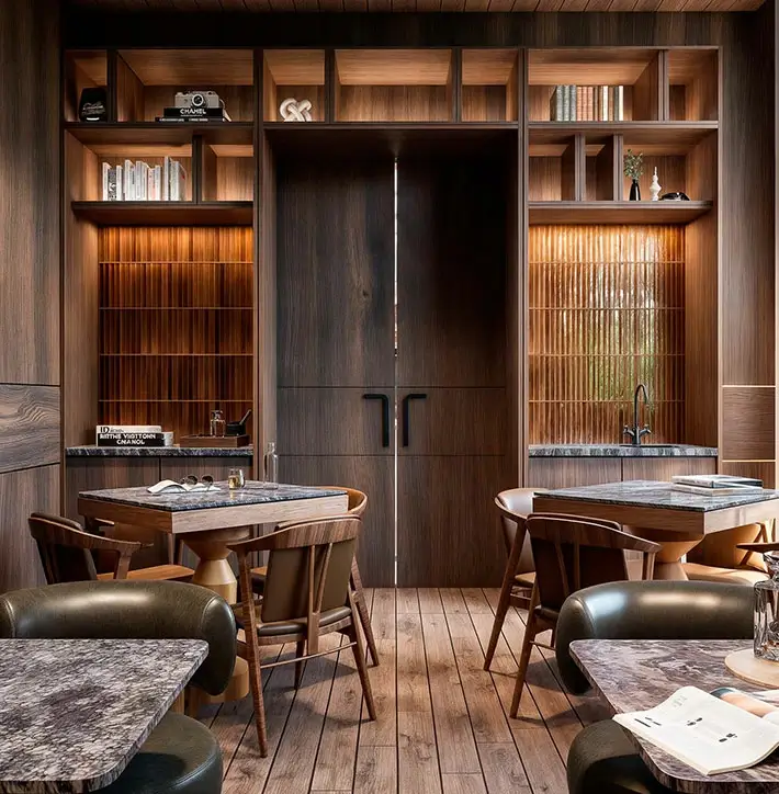 Biblioteca de la Casa Club con áreas de lectura y trabajo en Somma Arteaga, diseñada por Sofia Aspe