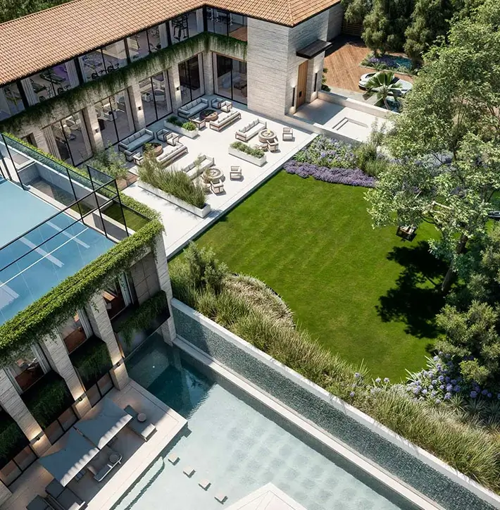 Vista aérea de la casa club donde se ve la alberca semiolímpica, cancha de pádel, áreas verdes, terraza y la fachada interior de la Casa Club de Somma Arteaga