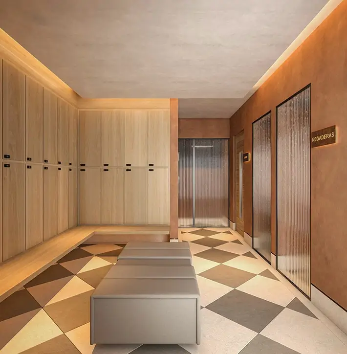 Área de vestidores de la casa club de Somma Arteaga