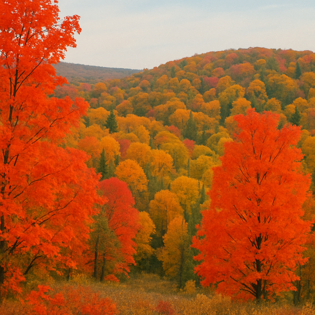 A scenic view of Michigan's fall foliage with vibrant red and orange leaves