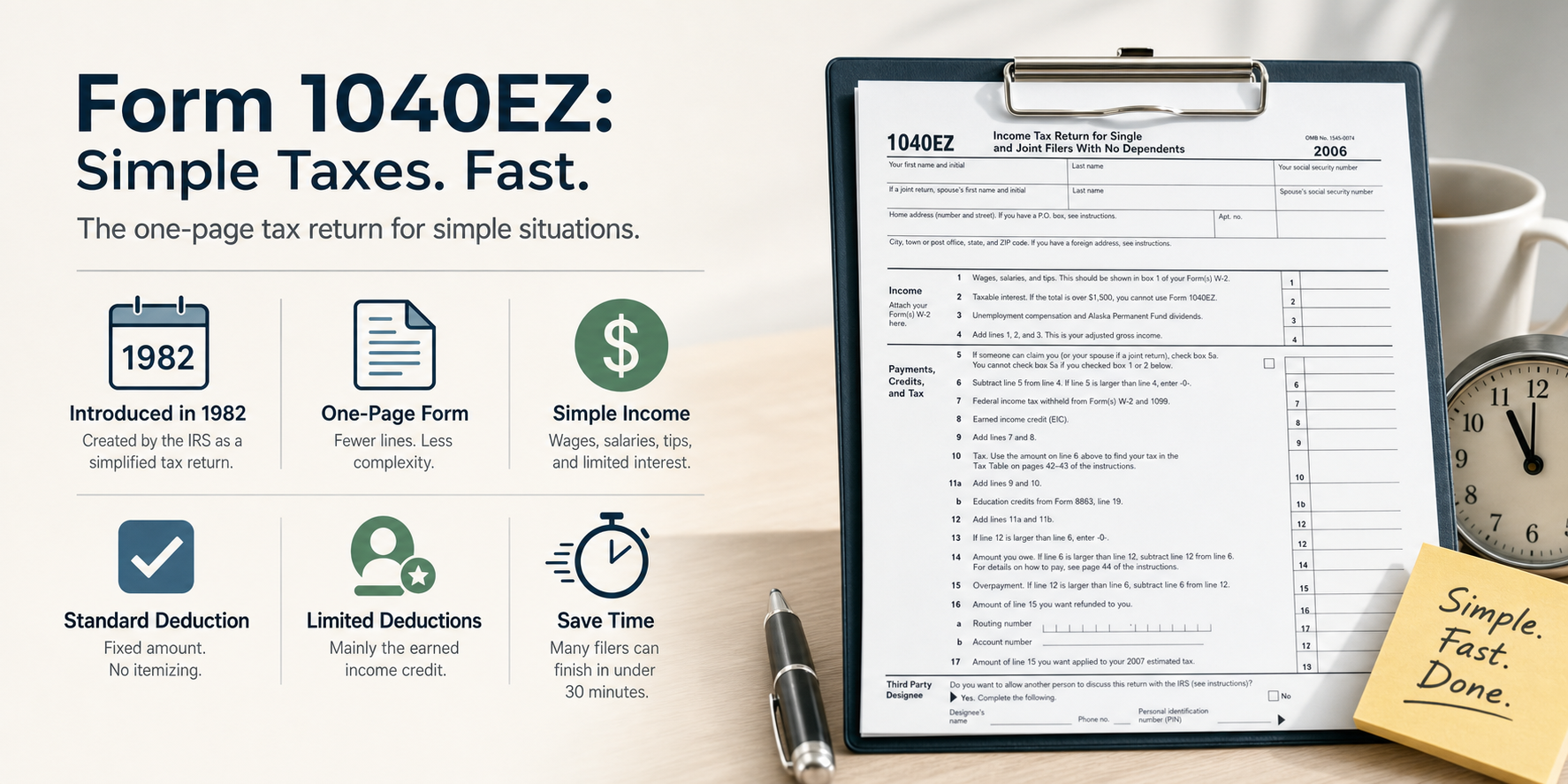 The image shows a person sitting at a kitchen table, focused on reviewing a short paper tax form, likely related to their taxable income for the tax year. A calculator sits nearby, indicating they are calculating deductions or credits, possibly for filing jointly with a spouse.