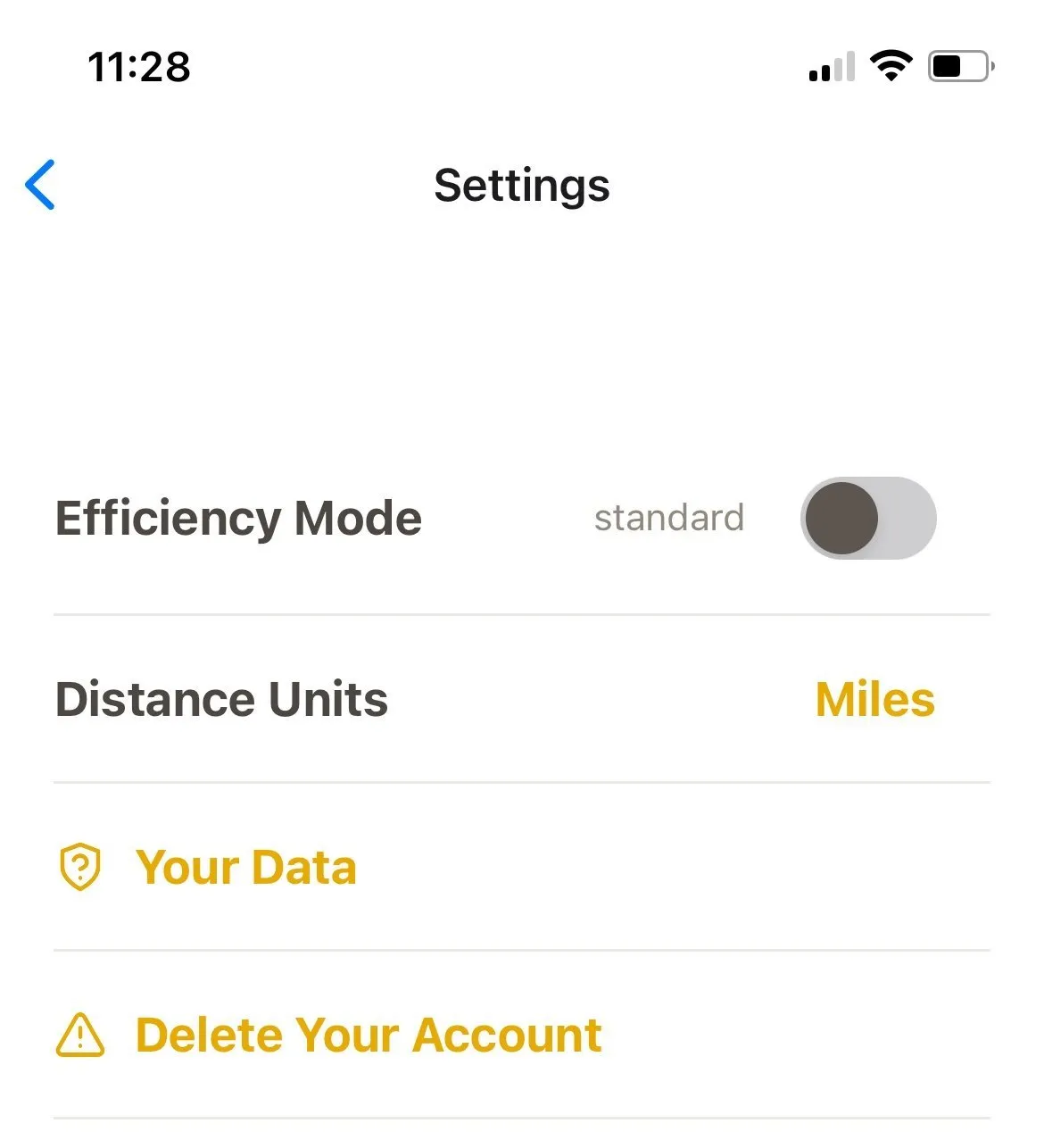 Mobile app settings screen showing options for Efficiency Mode with a toggle switch, Distance Units set to Miles, and links for Your Data and Delete Your Account displayed in yellow text.