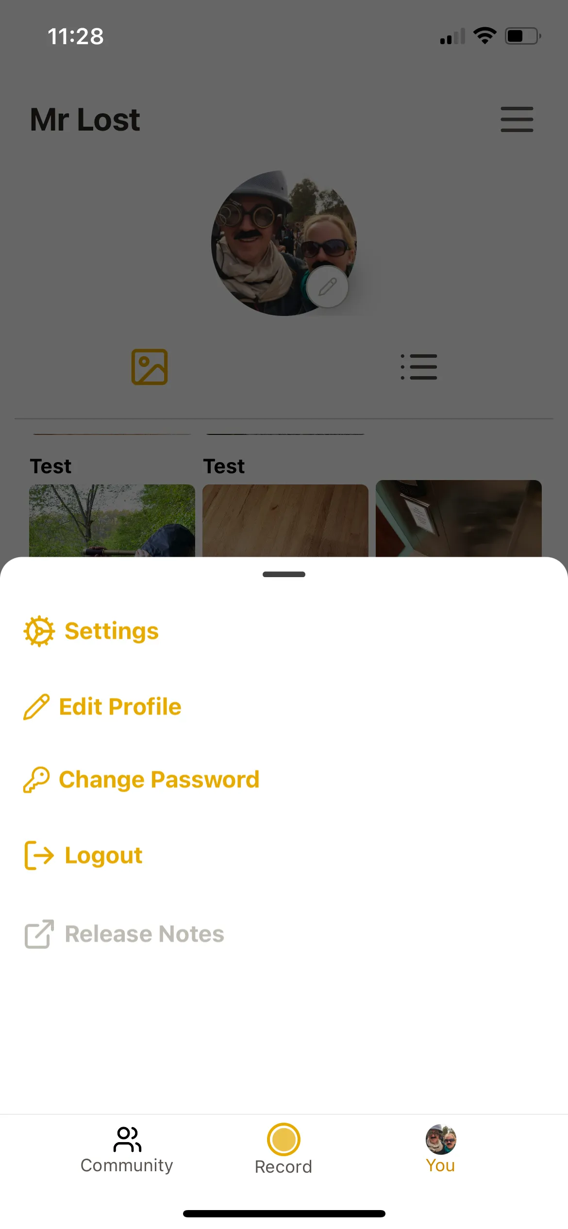 Screenshot of a mobile app profile page with user name "Mr Lost." Displays profile picture, menu options including settings, edit profile, change password, and logout. Bottom navigation bar shows community, record, and you icons.