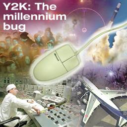 A surreal collage of early 2000s objects with the caption "Y2K: The millennium bug."