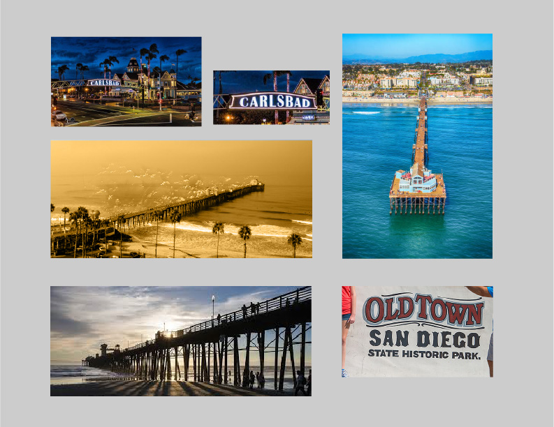 A collage of the Carlsbad sign and the Oceanside pier.
