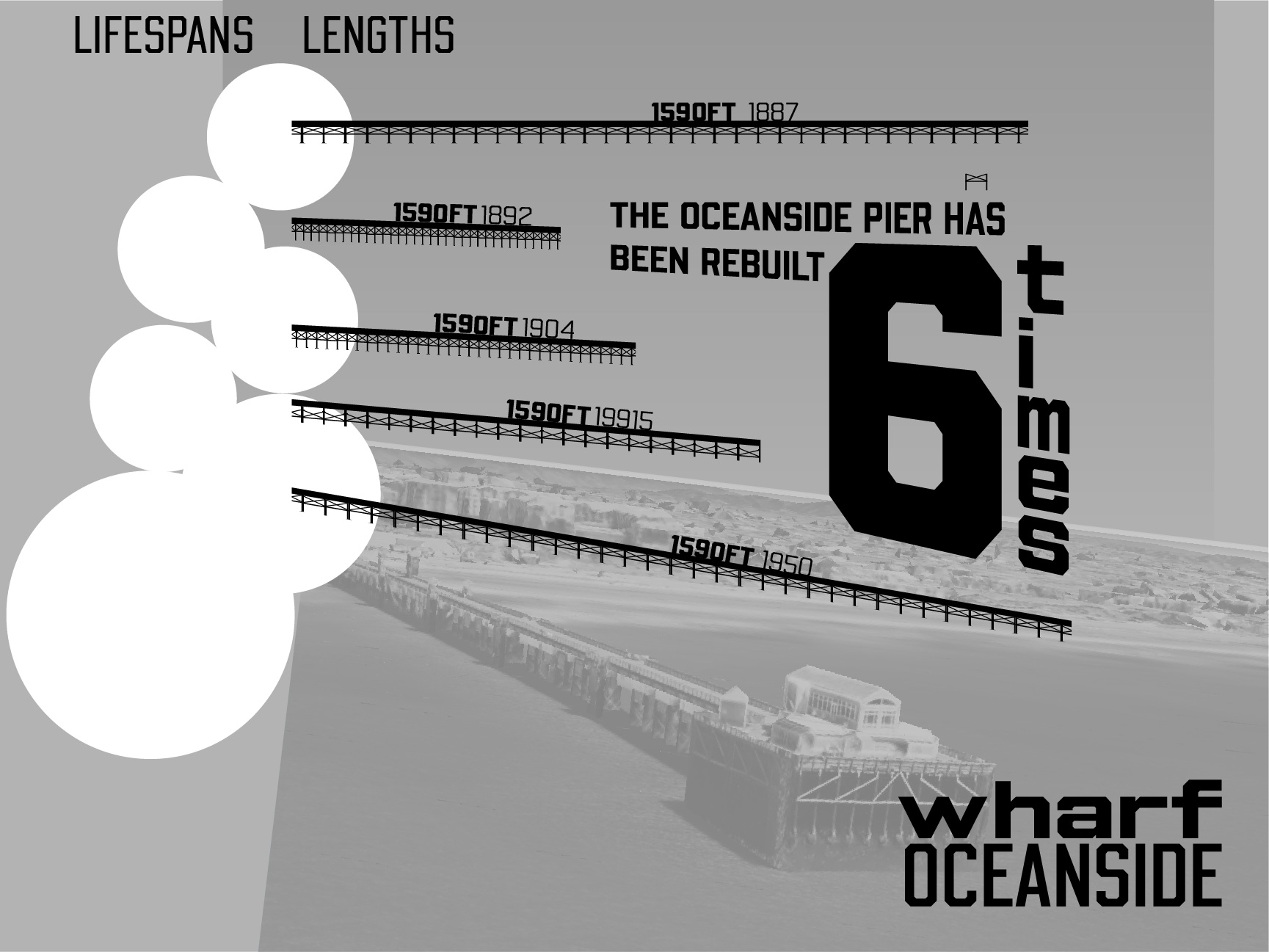 A black and white outline for a landscape poster detailing Oceanside's pier being rebuilt.