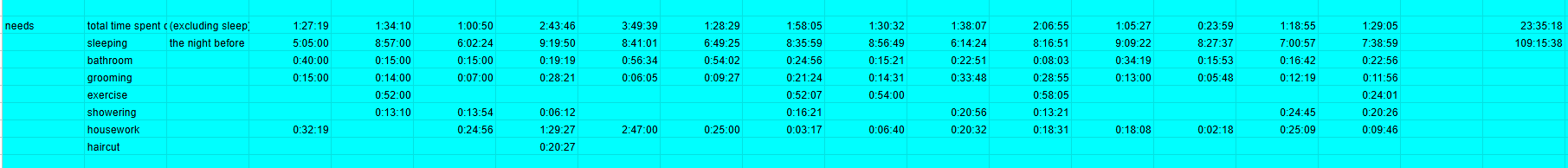 A spreadsheet detailing time spent doing daily tasks such as eating and sleeping/