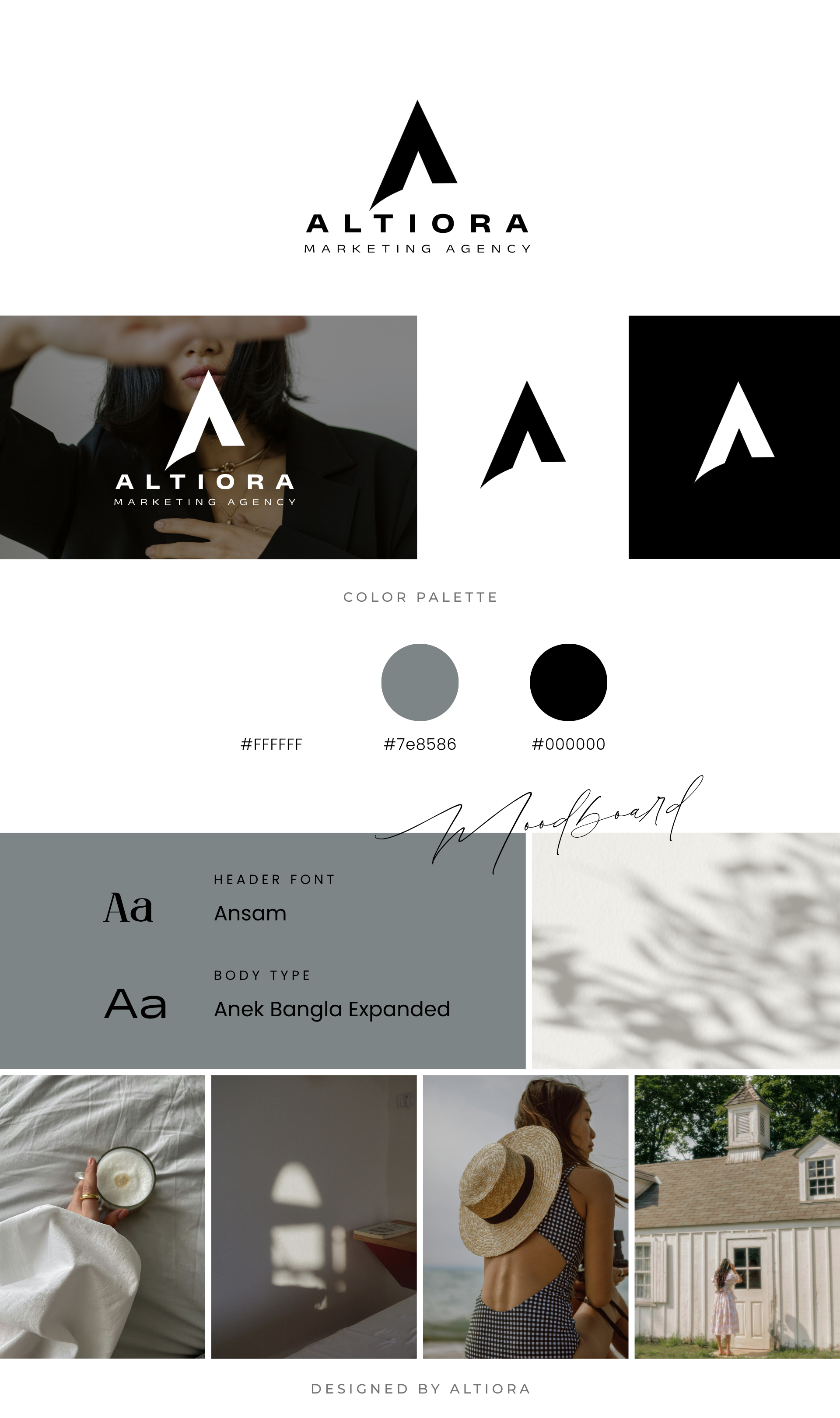 Brandboard der Marketingagentur Altiora aus der Schweiz mit Logo, Farbpalette in Weiss- und Schwarztönen, moderner Typografie und strategischem Moodboard – gestaltet von einer kreativen Marketingagentur Schweiz.