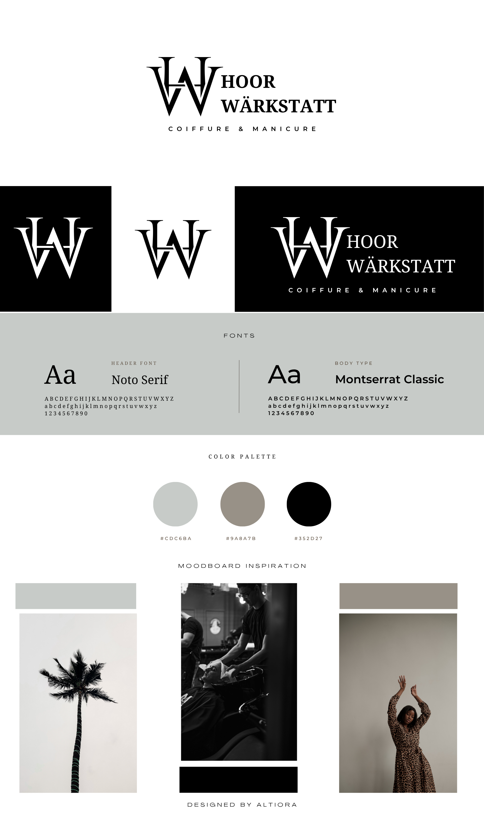 Brandboard für Hoorwärkstatt, gestaltet durch eine spezialisierte Marketingagentur Schweiz mit rustikalem Logo, industrieller Farbwelt und technischer Typografie.