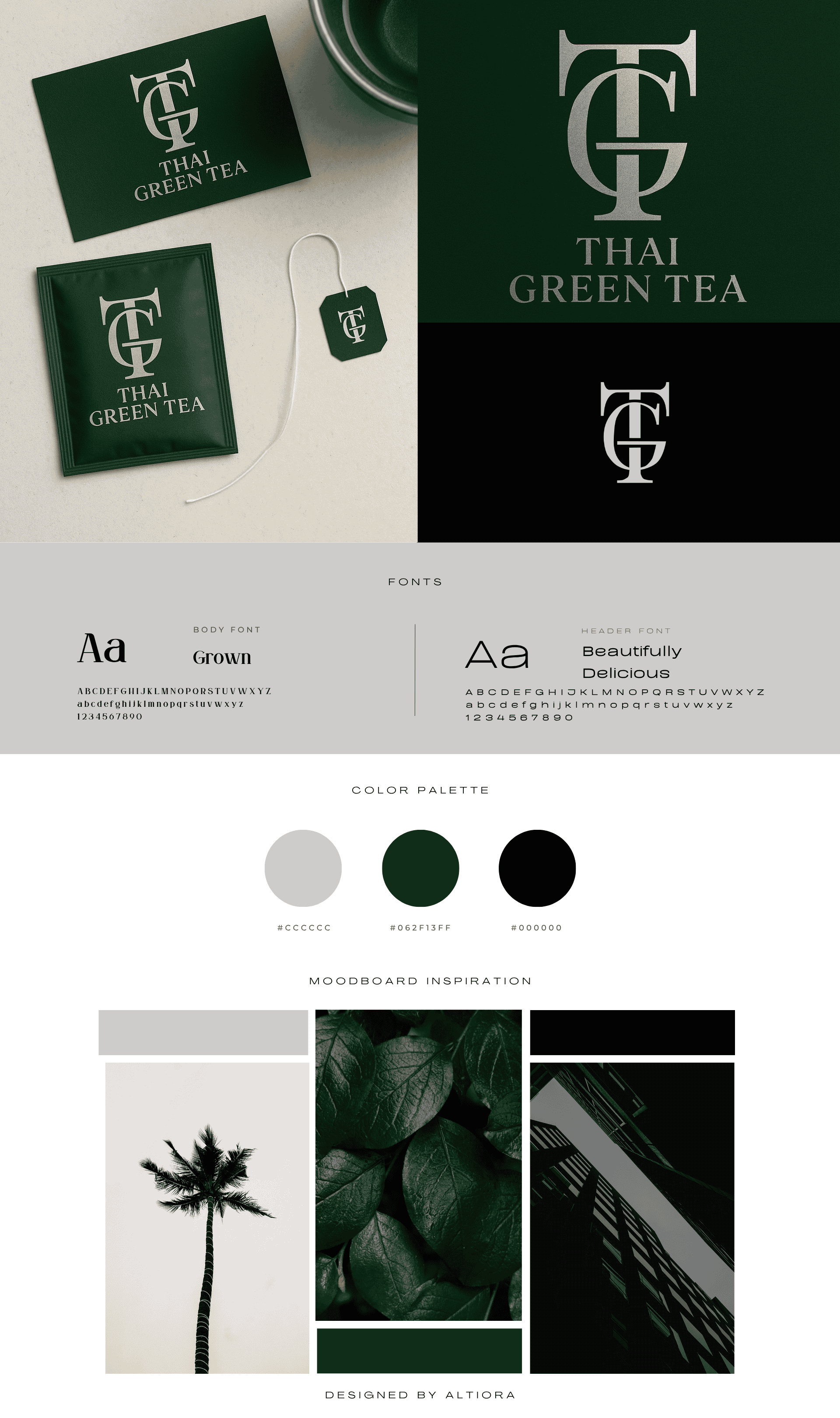 Brandboard für Thai Green Tea, entwickelt von einer Marketingagentur aus der Schweiz mit natürlicher Farbpalette, organischer Typografie und einem Moodboard mit asiatisch inspiriertem Markenstil.