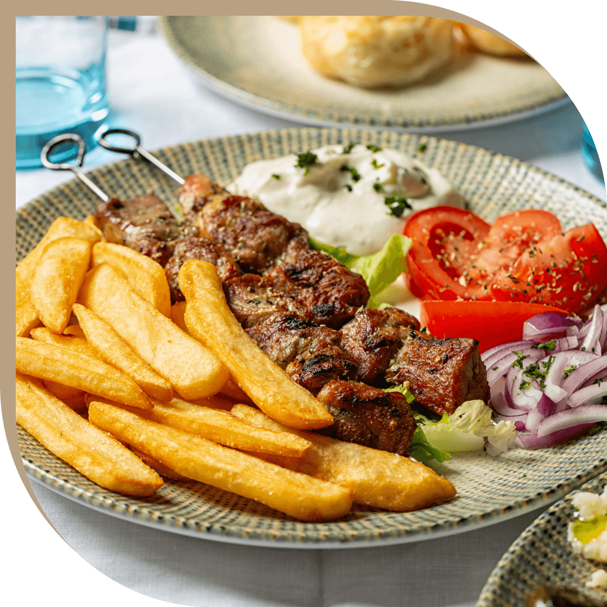 Souvlaki di maiale alla griglia con patatine fritte, pomodori e cipolle rosse del Ristorante El Greco di Bologna.