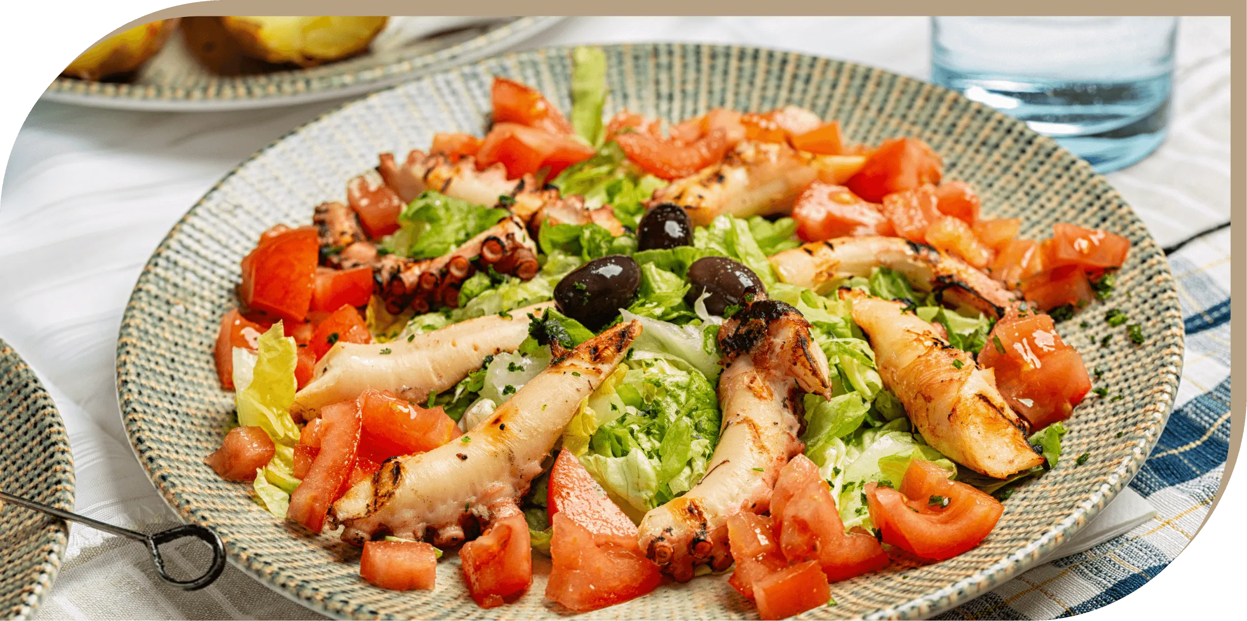 Polipo alla griglia con contorno di insalata, pomodori, olive e lattuga fresca del Ristorante El Greco di Bologna.