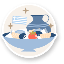 Illustrazione di ciotola con olive, formaggio e bandiera greca del Ristorante El Greco di Bologna.