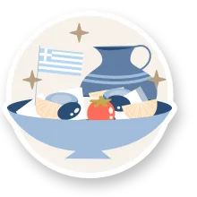 Illustrazione di ciotola con olive, formaggio e bandiera greca del Ristorante El Greco di Bologna.