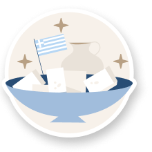 Illustrazione di ciotola con feta, anfora e bandiera greca del Ristorante El Greco di Bologna.