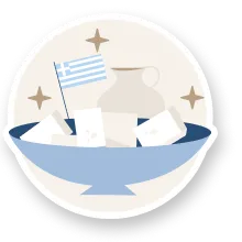 Illustrazione di ciotola con feta, anfora e bandiera greca del Ristorante El Greco di Bologna.