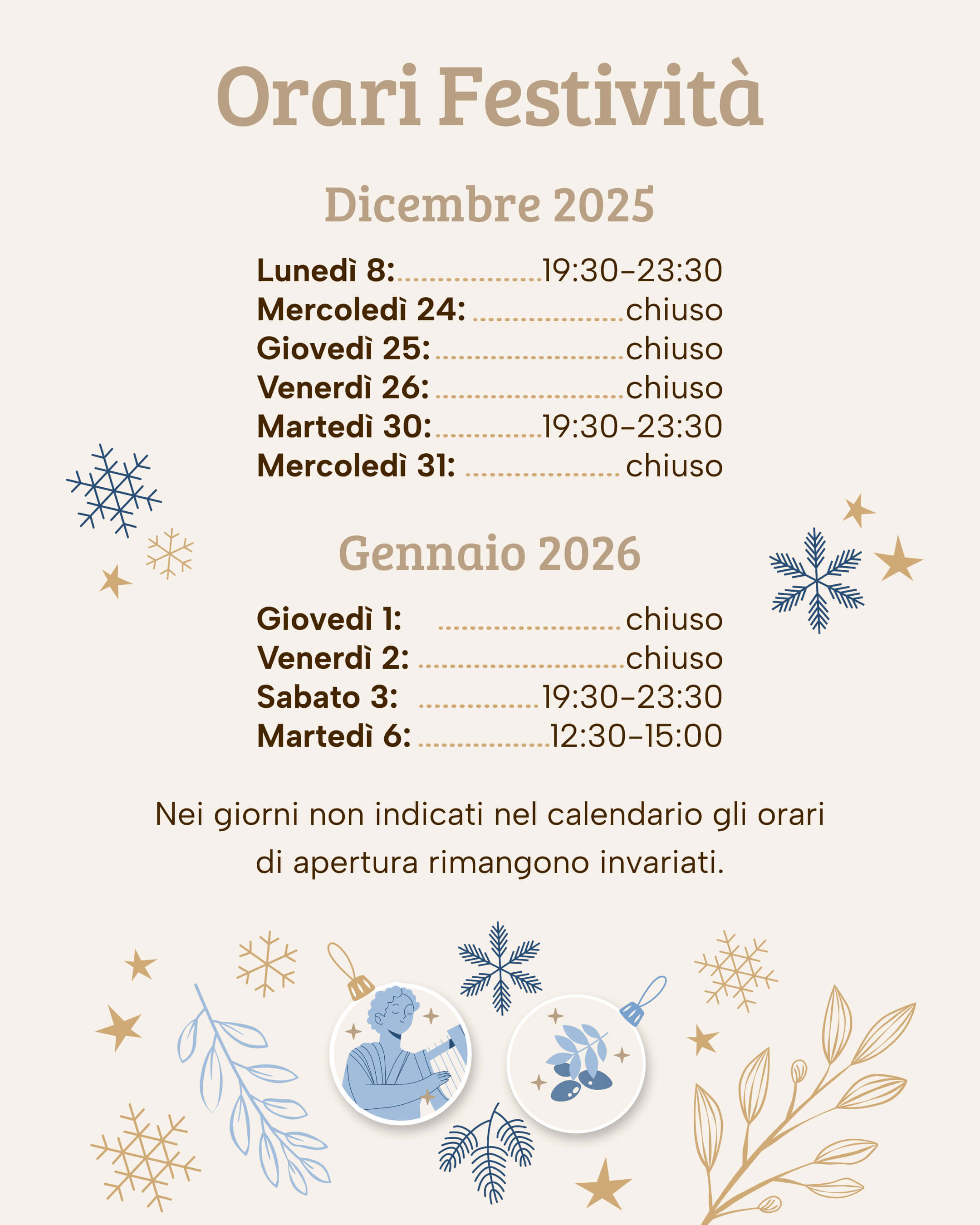 Orari chiusure per Natale e Capodanno 2025 del Ristorante traduzionale di cucina greca El Greco di Bologna.