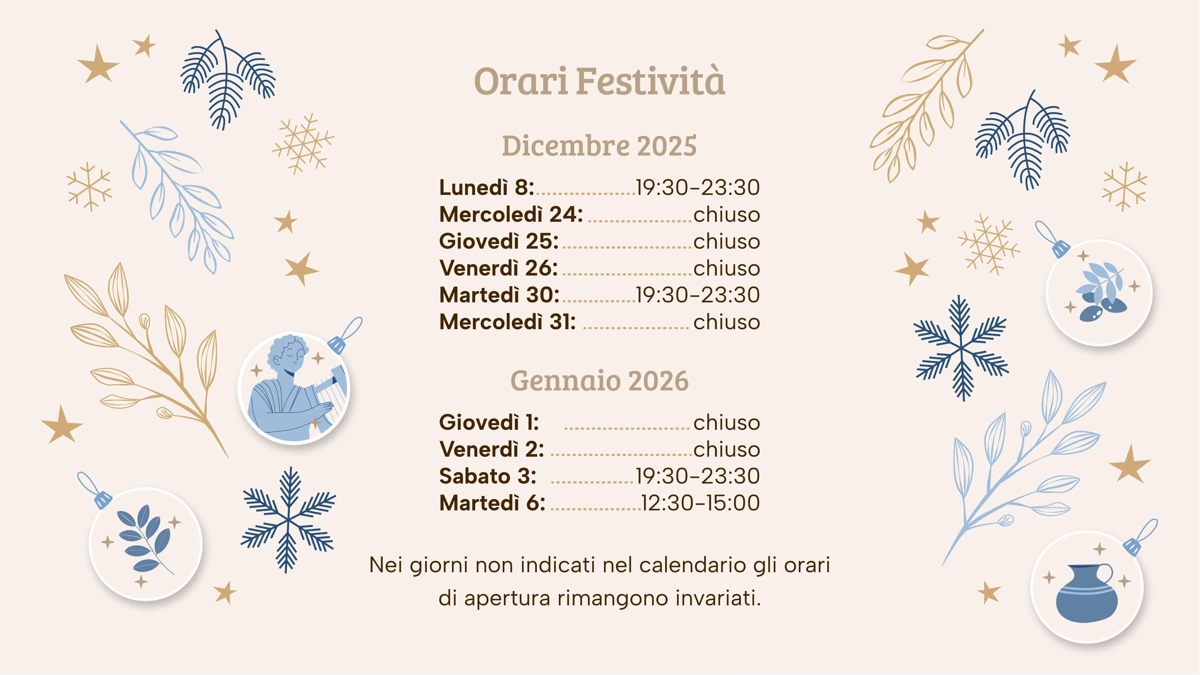 Orari chiusure per Natale e Capodanno 2025 del Ristorante traduzionale di cucina greca El Greco di Bologna.