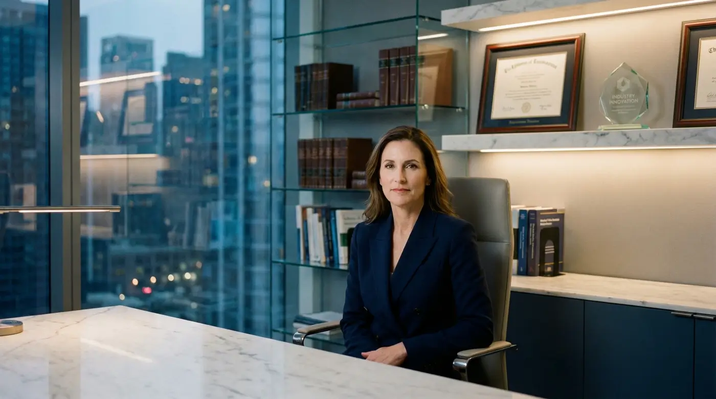 Professional female expert in a modern minimalist office with glass bookshelves, illuminated diplomas, and an industry award, representing research-driven authority.