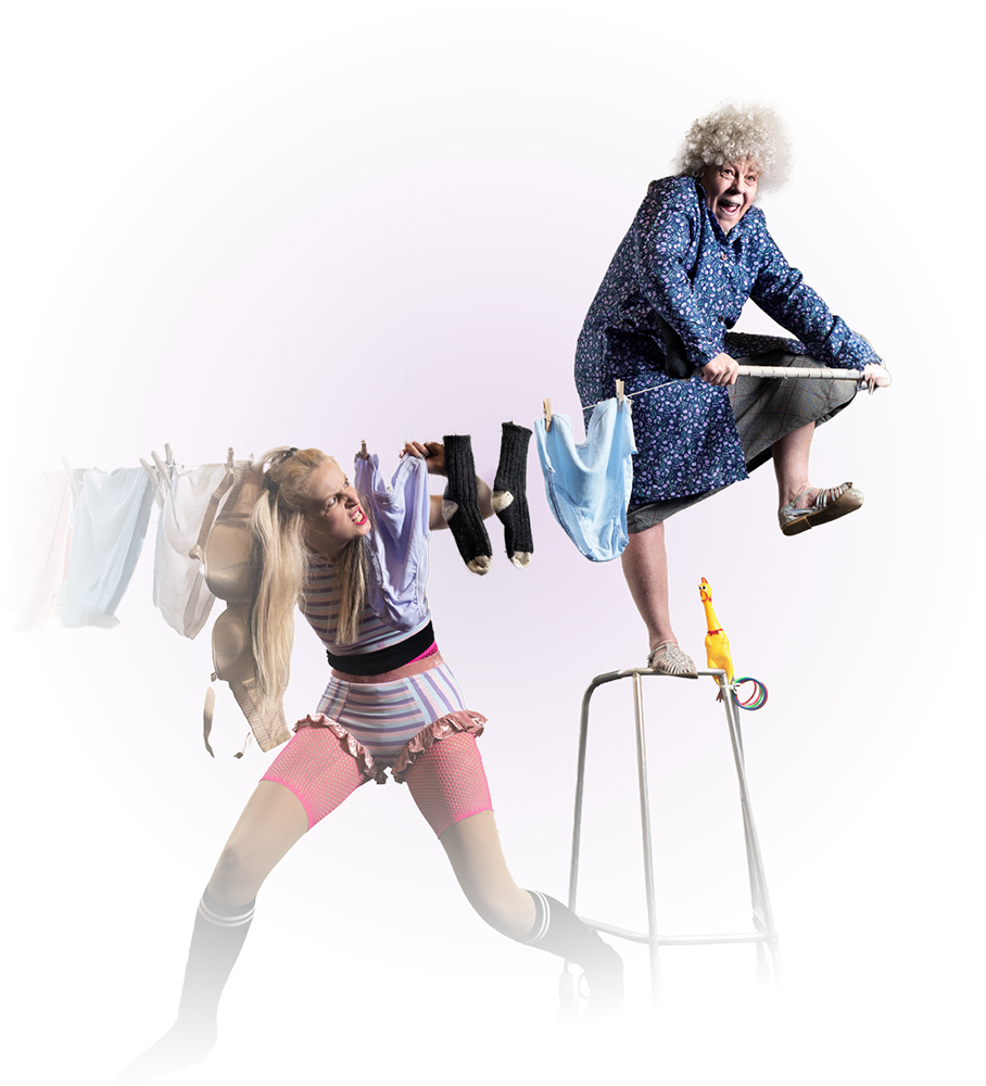 An older woman balancing one-legged on top of a zimmer frame and a younger woman visibly angry at her.