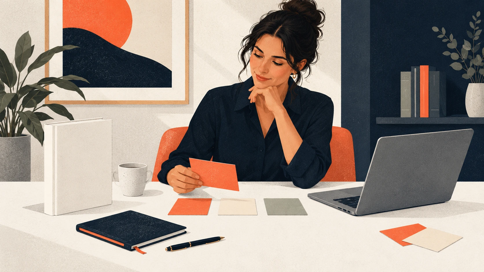 Illustration of a founder reviewing campaign notes beside a business book, laptop and notebook.