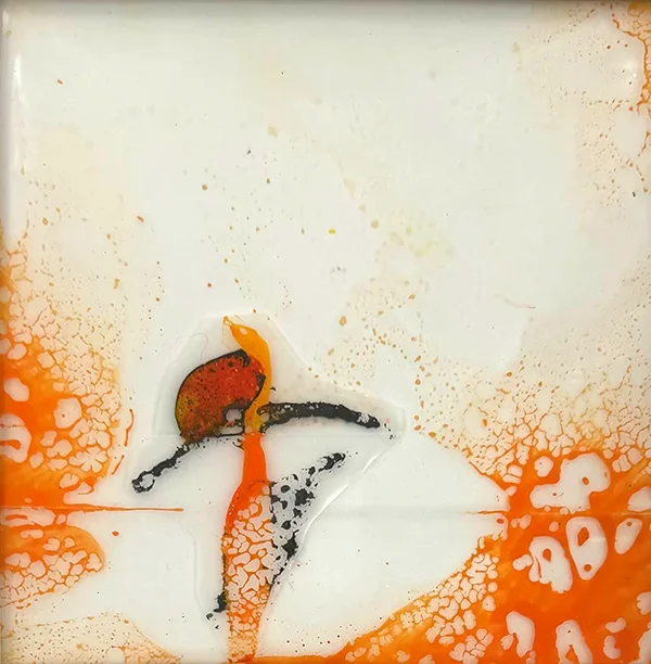 cryllack Monotypie auf Folie in orange und beige