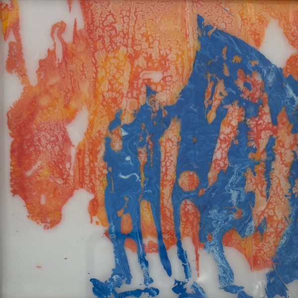 Monotypie 2 lagig auf Folie hinter Glas -Acryllack gelb/blau