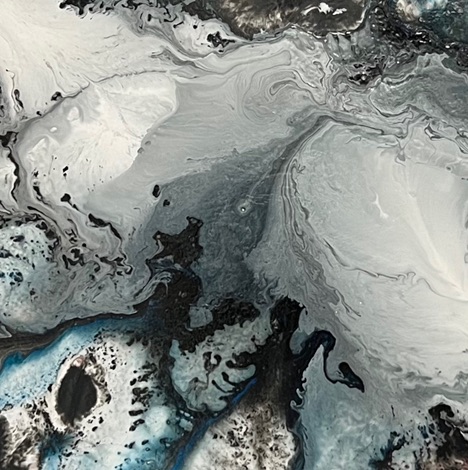 Malerei abstrakt auf Leinand in den Farben weiß, blau, schwarz im Detail