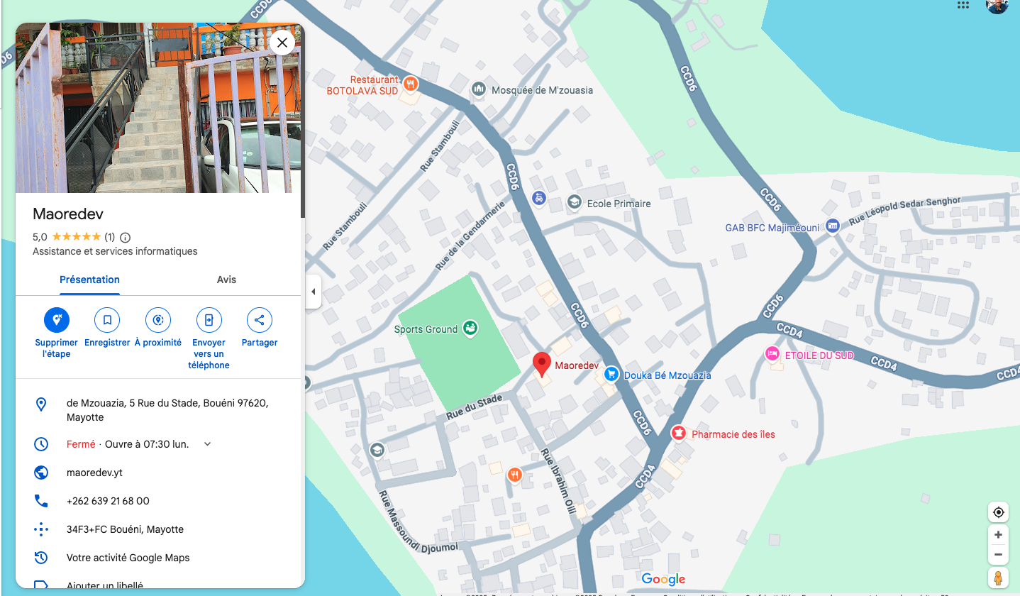 Solution de paiement Mayotte Maoredev
5 rue du stade de M'zouasia
97620 Bouèni