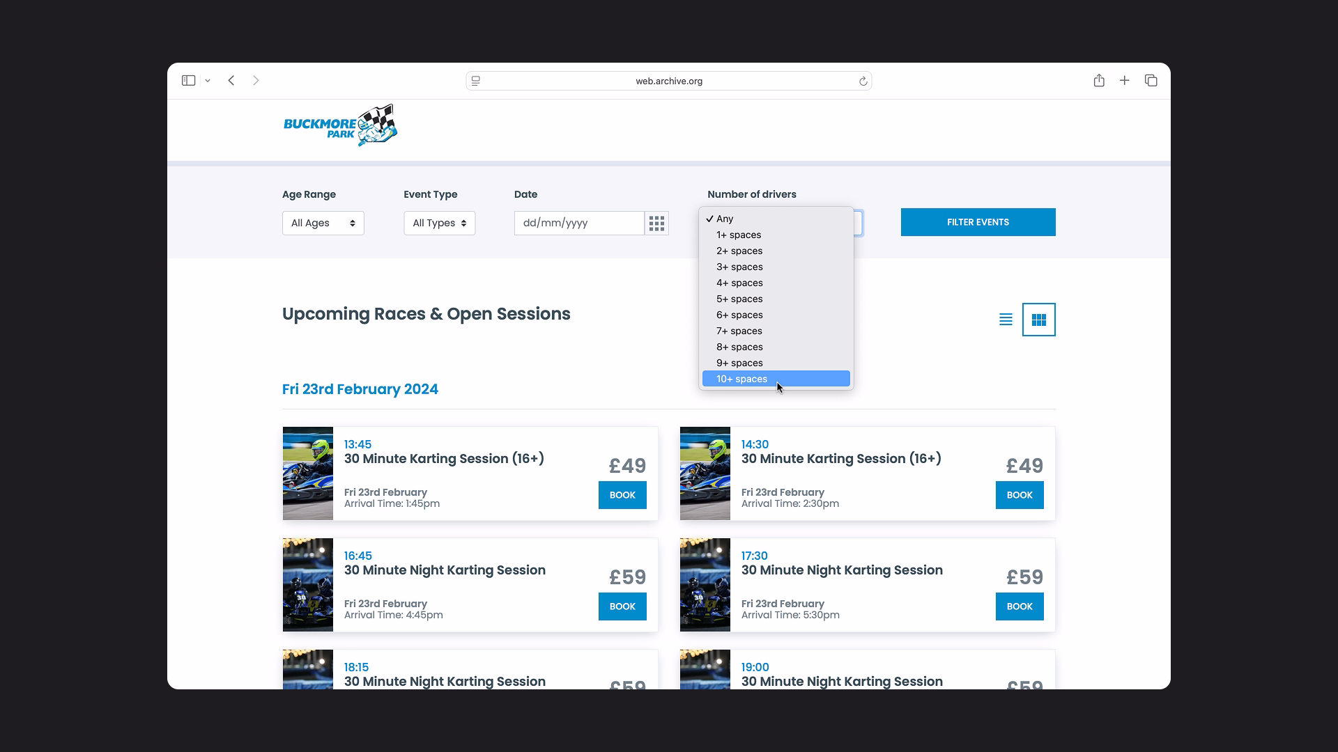 A screenshot of Buckmore's booking system