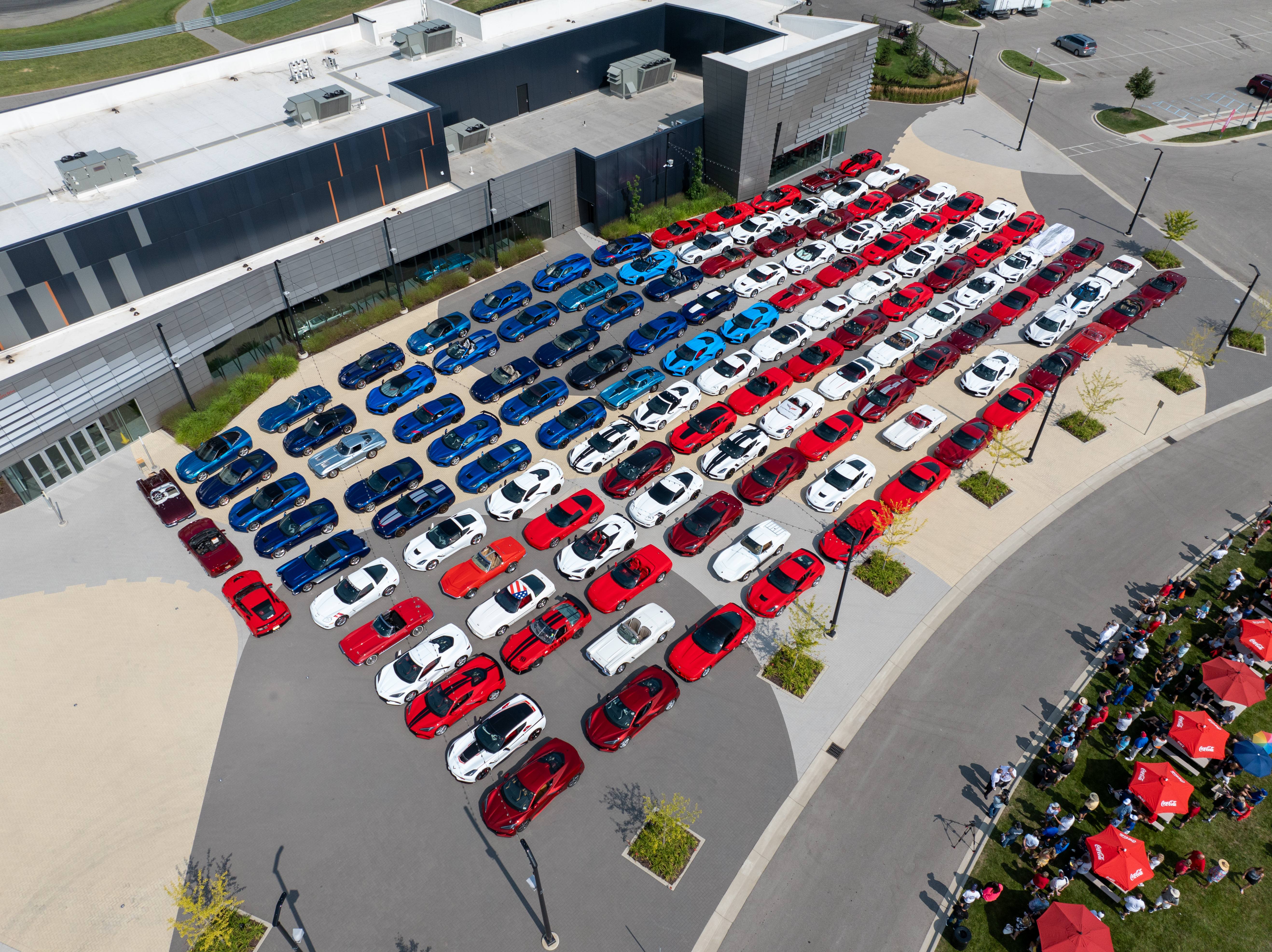Red, white and blue Corvettes in the shape of an American flag.