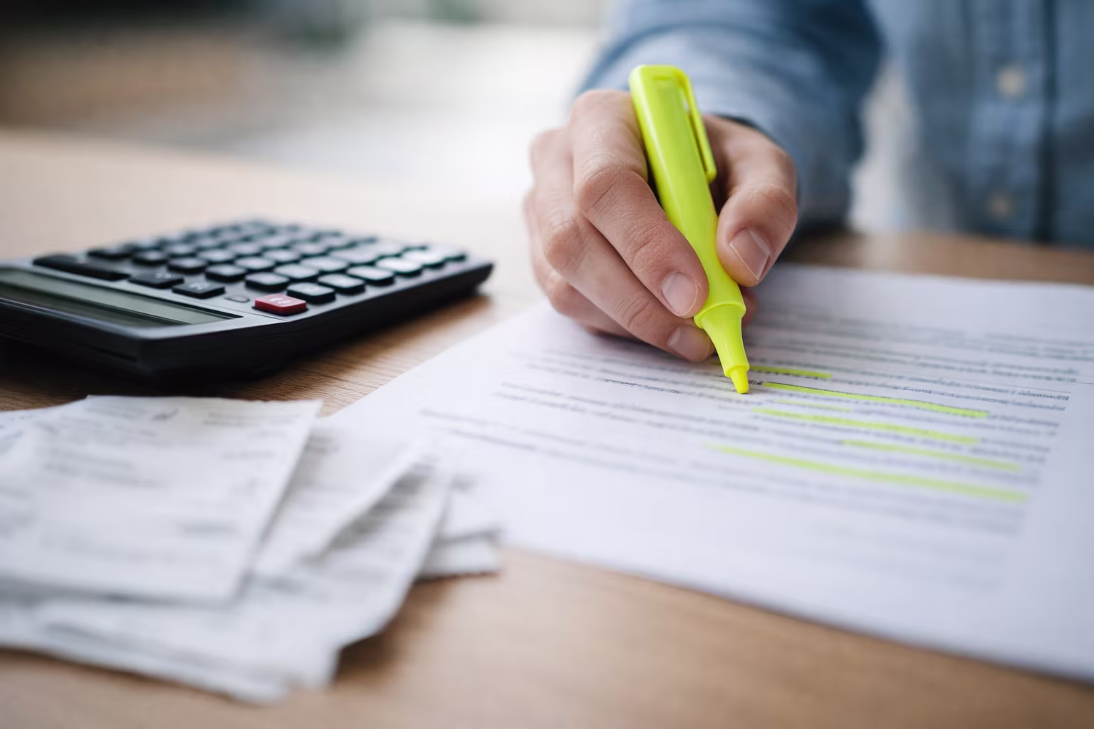 Mano destacando texto con un marcador amarillo sobre un documento, con calculadora y recibos desenfocados sobre una mesa de madera.