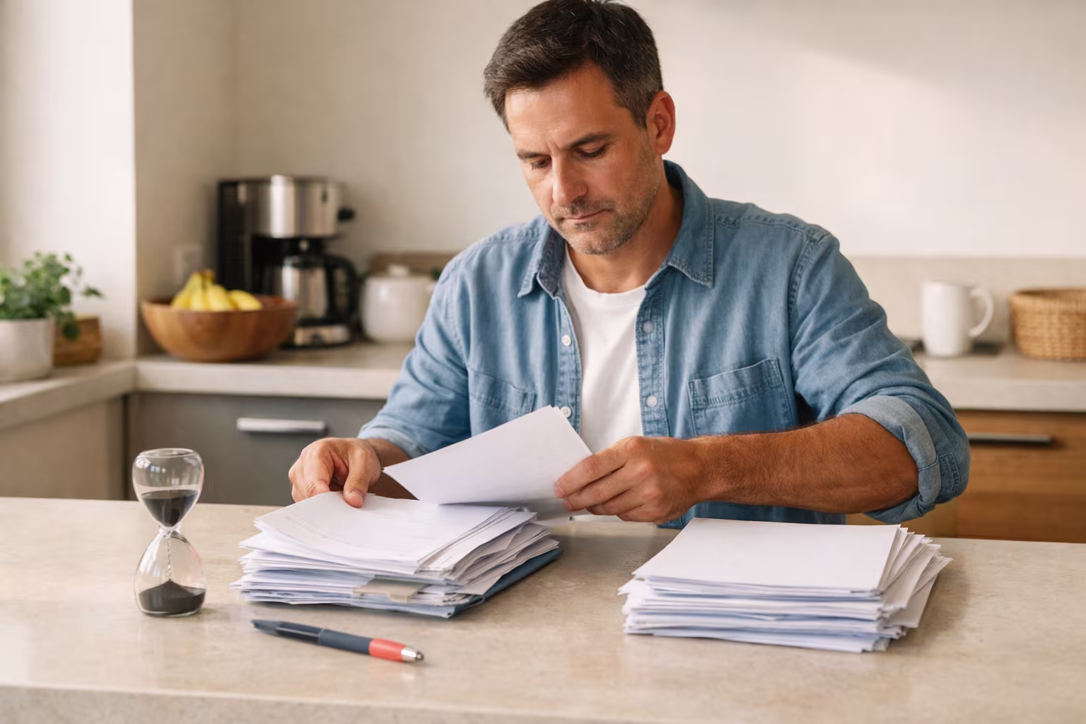 Hombre revisando y organizando pilas de documentos en una mesa de cocina.
