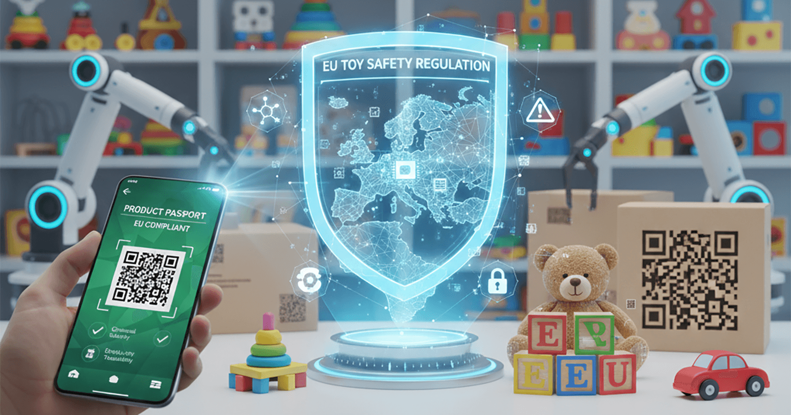 Digital Product Passport (DPP) QR code icon displayed over a schematic of a toy/product, symbolizing EU Toy Safety Regulation Compliance and the role of AI automation and GS1 standards in achieving simple, instant, affordable B2B regulatory fulfillment.