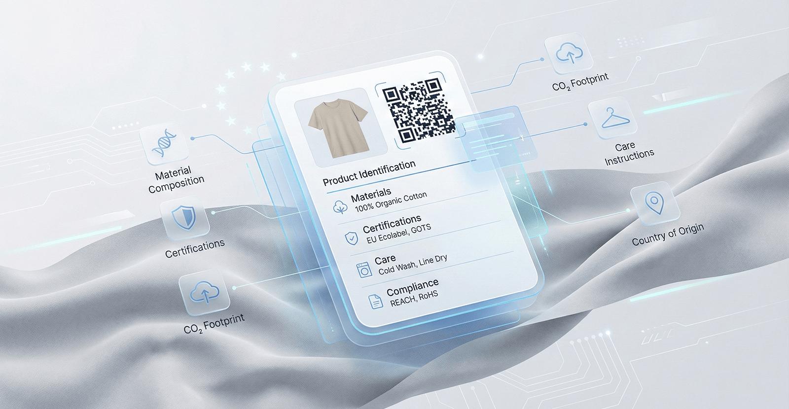 A high-tech digital interface displaying Fluxy.One's Digital Product Passport for a garment. The image features a QR code and data categories like Material Composition, CO2 Footprint, and Certifications floating over flowing gray fabric and glowing circuit patterns.