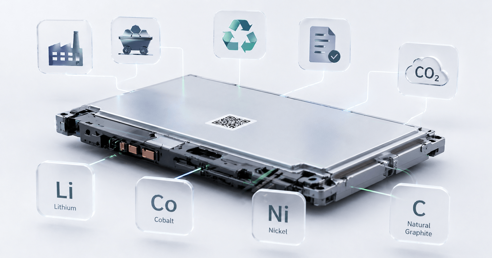 An infographic explaining the EU Battery Passport requirements under Regulation (EU) 2023/1542, highlighting mandatory data for EV, LMT, and industrial batteries, including carbon footprint, material composition, and tiered access levels.