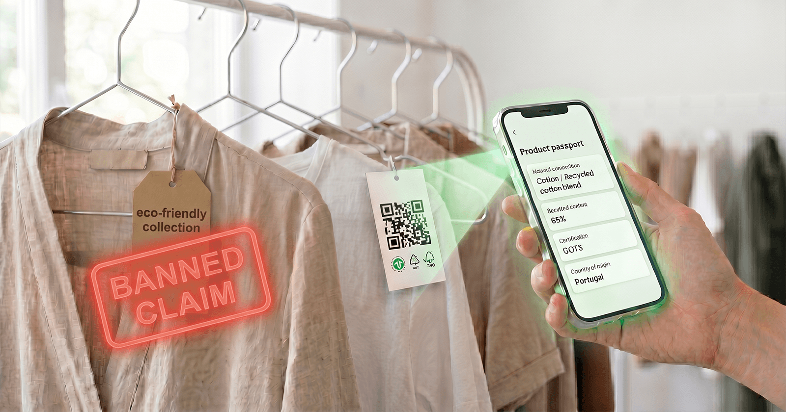 An infographic explaining the EU Directive 2024/825 (ECGT) against greenwashing, showing banned generic claims like "eco-friendly" and "biodegradable" contrasted with compliant, data-backed environmental labeling.