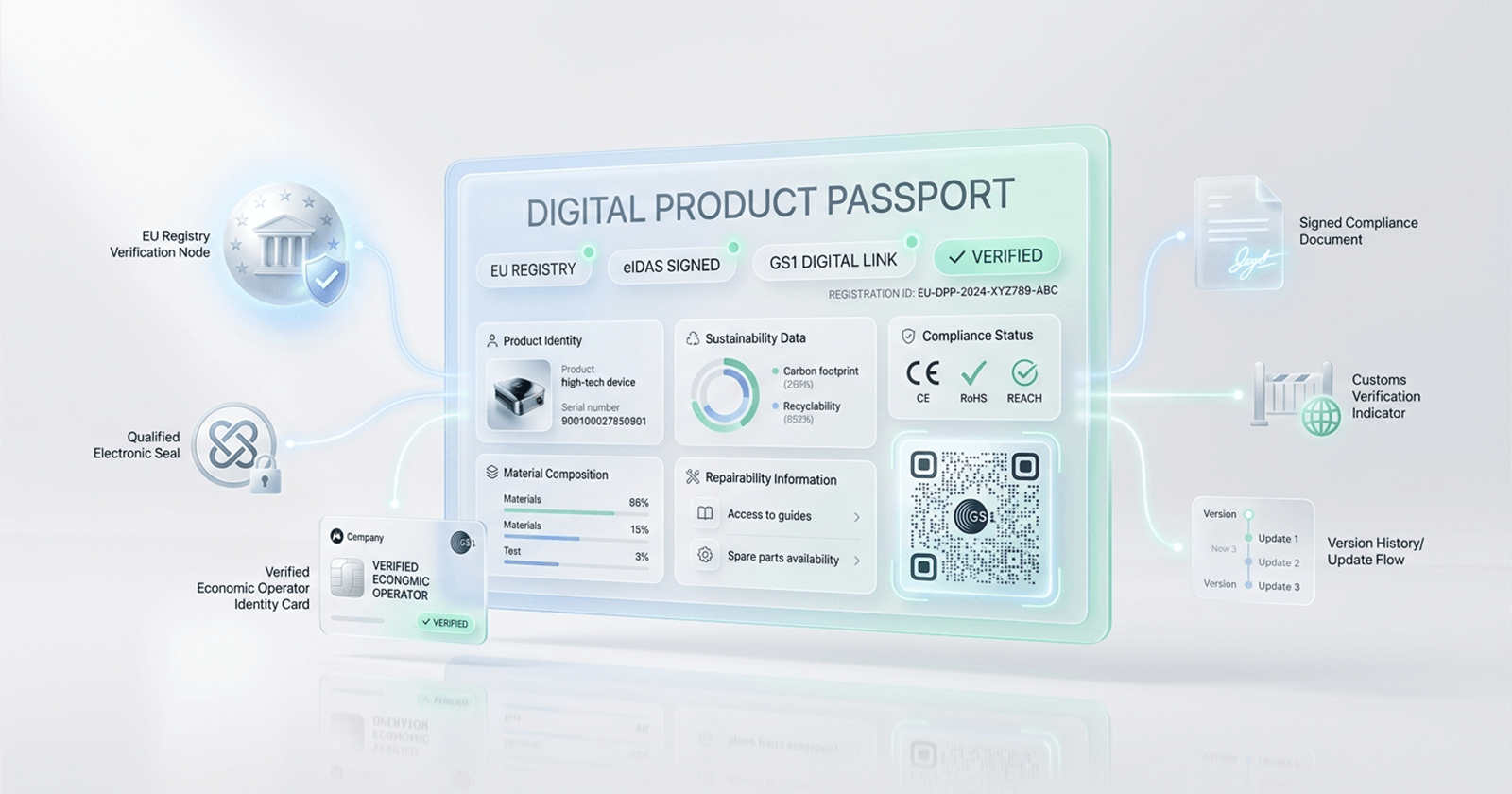 A comprehensive infographic roadmap for the EU Digital Product Passport (DPP) implementation from 2026 to 2030, illustrating the central registry launch timeline, economic operator verification paths, and data granularity requirements under the ESPR framework.
