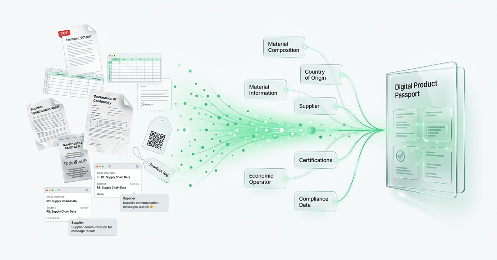 A conceptual illustration titled "DPP Readiness Audit" contrasting raw unstructured product data (scanned PDFs, loose factory notes, WhatsApp chat logs) with a clean, machine-readable structured database required for Digital Product Passport registration.