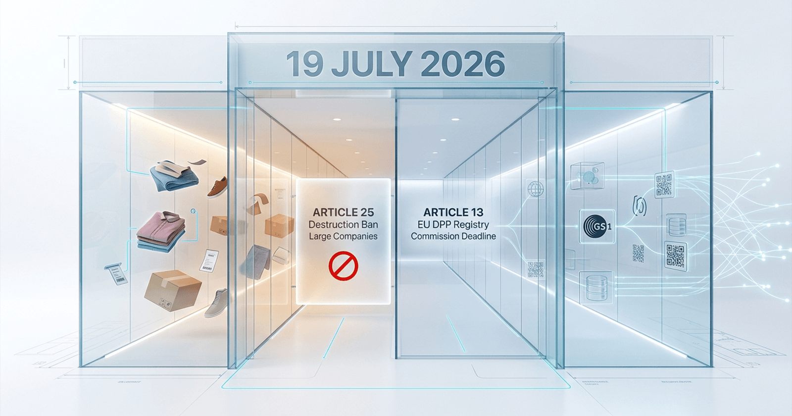 Warehouse rail of unsold garments beside a 19 July 2026 calendar marker, illustrating the ESPR textile destruction ban.