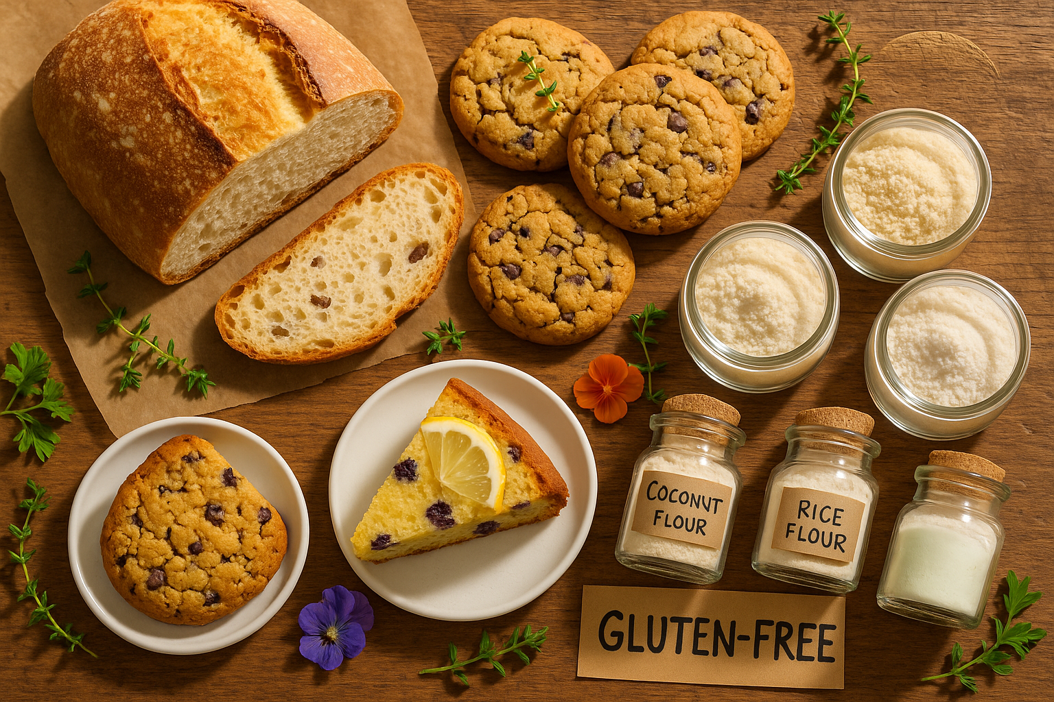 Gluten-free baked goods arranged for serving